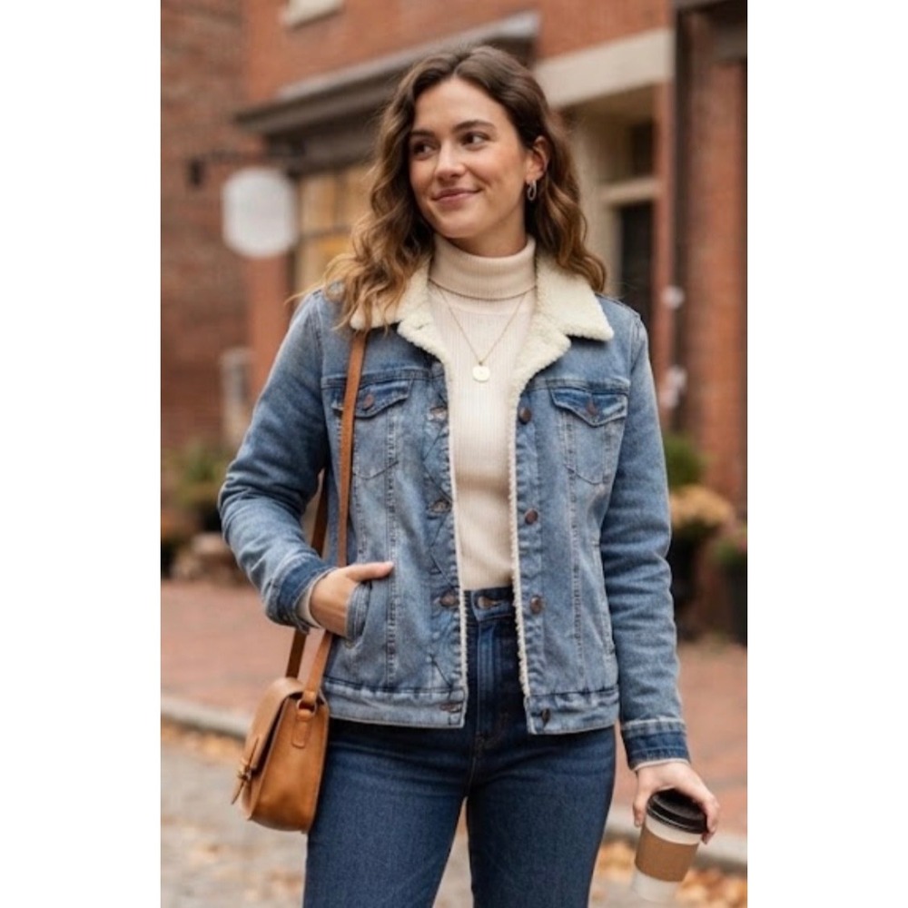 Natural Reflections Women Blue Denim Faux Shearling Lined Trucker Jacket Large